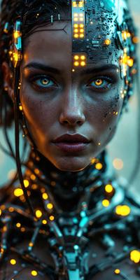 The primary subject of the image is a woman with glowing eyes, wearing a futuristic outfit. She is the main focus of the image. The setting is a futuristic environment, with a backdrop of a cityscape. The visual style is a combination of digital art and illustration, creating a unique and captivating scene. The colors and mood of the image are predominantly dark and mysterious, with the glowing eyes adding a touch of intrigue and allure.